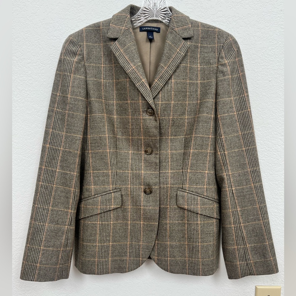 Lands' End Women's Tan and Brown Plaid Wool-Blend Blazer